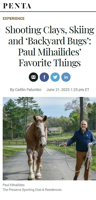 This image is a magazine article titled "Shooting Clays, Skiing and 'Backyard Bugs': Paul Mihailides' Favorite Things," featuring a person with a horse.