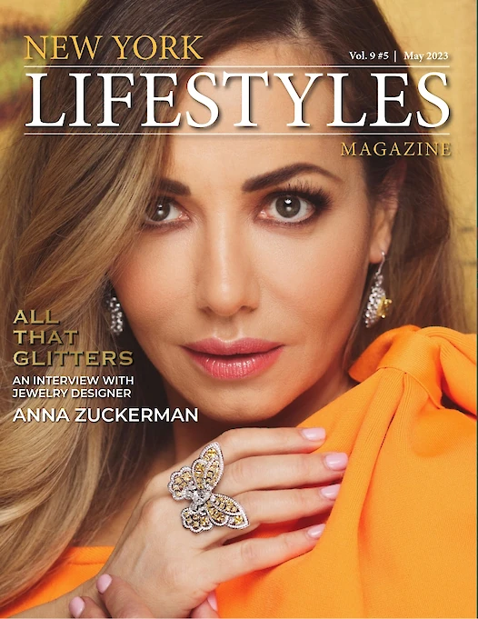 A woman wearing an ornate butterfly ring on the cover of New York Lifestyles Magazine, March 2023 issue. She is identified as Anna Zuckerman.