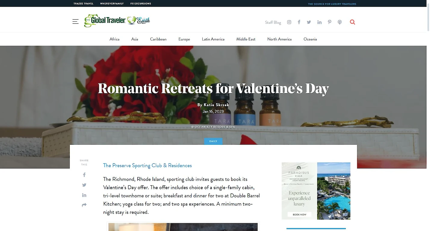 A webpage titled "Romantic Retreats for Valentine's Day" by Katie Shick, showcasing travel content for Valentine's Day.