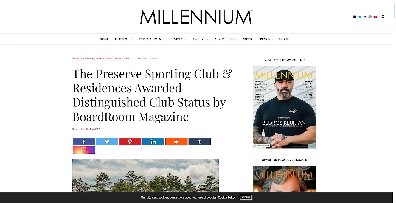 A webpage from "Millennium" announces The Preserve Sporting Club & Residences awarded Distinguished Club Status by BoardRoom Magazine.