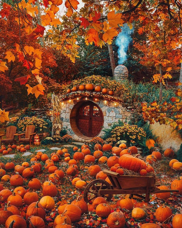 A cozy, autumnal scene with a hobbit-like house surrounded by pumpkins, autumn leaves, and a wheelbarrow in a vibrant orange landscape, smoke rising above.