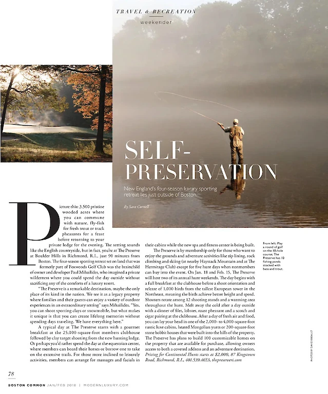 This image is of a magazine article titled "Self-Preservation" featuring a fisherman with a river scene, text blocks, and a secondary autumn landscape photo.