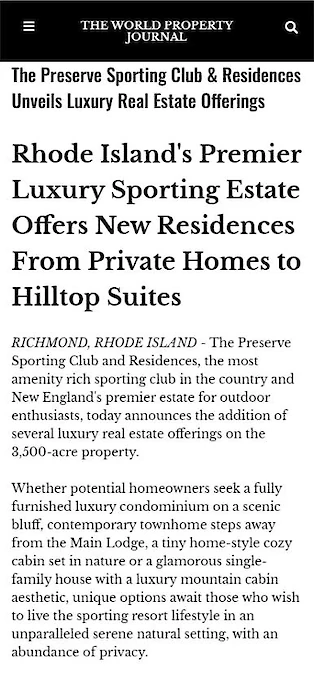 Headline: "Rhode Island’s Premier Luxury Sporting Estate Offers New Residences From Private Homes to Hilltop Suites." Ends the sentence.