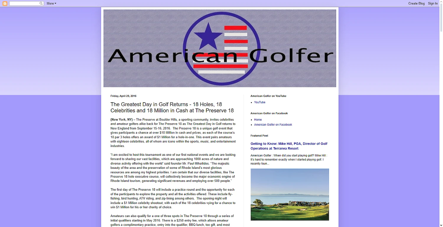 A webpage from "American Golfer" discussing "The Greatest Day in Golf Returns: 18 Holes, 18 Celebrities and 1 Million in Cash at The Preserve."