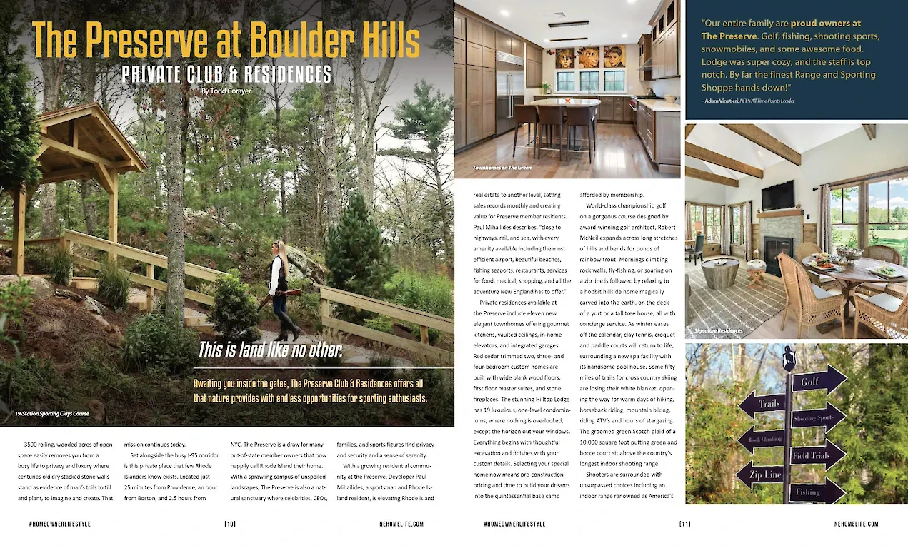 An article about The Preserve at Boulder Hills, featuring images of the property, a dining room, trail sign, and amenities for private club and residences.