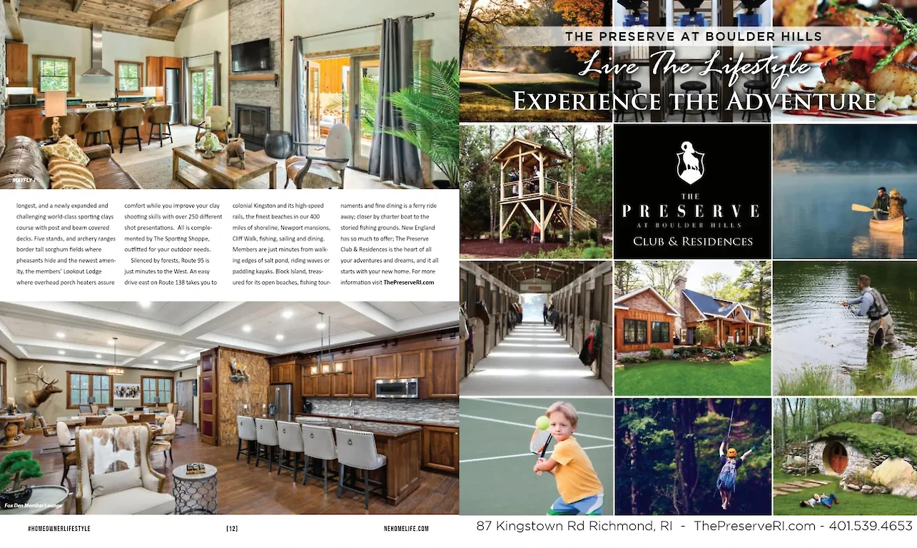 A brochure for The Preserve at Boulder Hills featuring luxury interiors, outdoor activities, and amenities with contact details at the bottom right end.