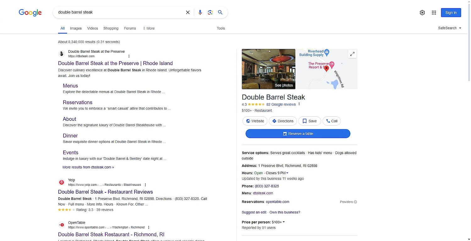 This image shows a Google search results page for "Double Barrel Steak," including links to menus, reservations, reviews, and a business listing on the right.