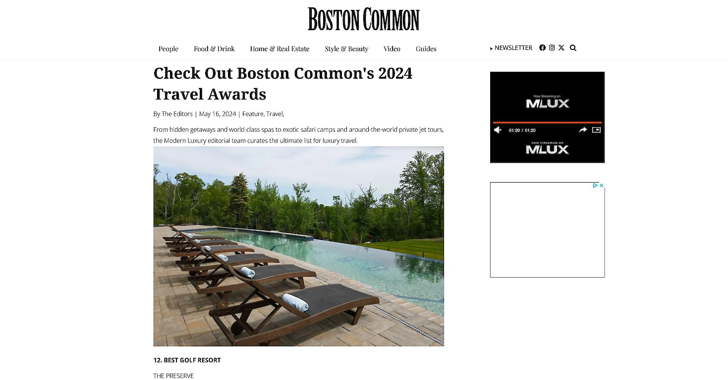 This image is a webpage from "Boston Common" featuring an article titled "Check Out Boston Common's 2024 Travel Awards" with a poolside photo.