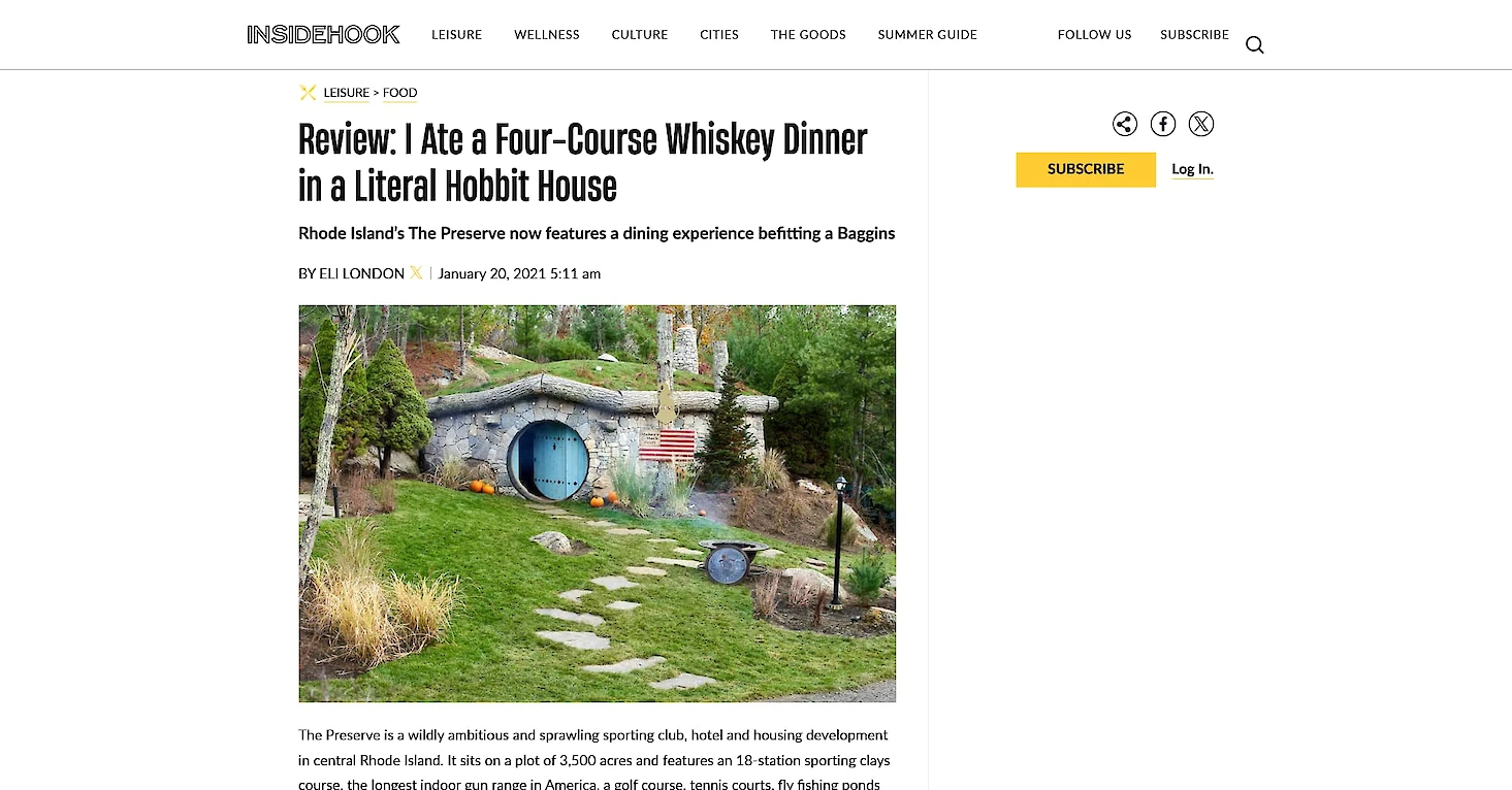 Screenshot of the InsideHook article detailing the four-course whiskey dinner in a Hobbit House.