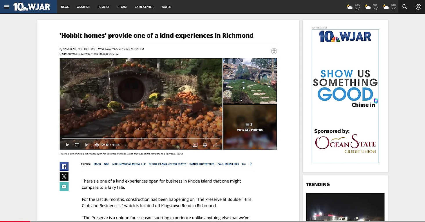 Screenshot of the NBC 10 article Hobbit homes provide one of a kind experiences in Richmond