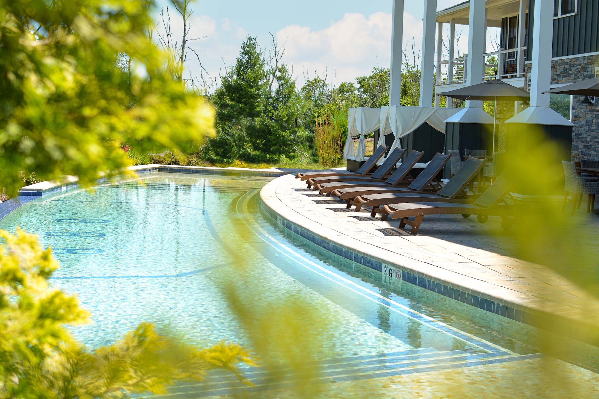 The image depicts an outdoor pool area with lounge chairs arranged along the curved edge of the pool, surrounded by greenery and framed by nearby trees.