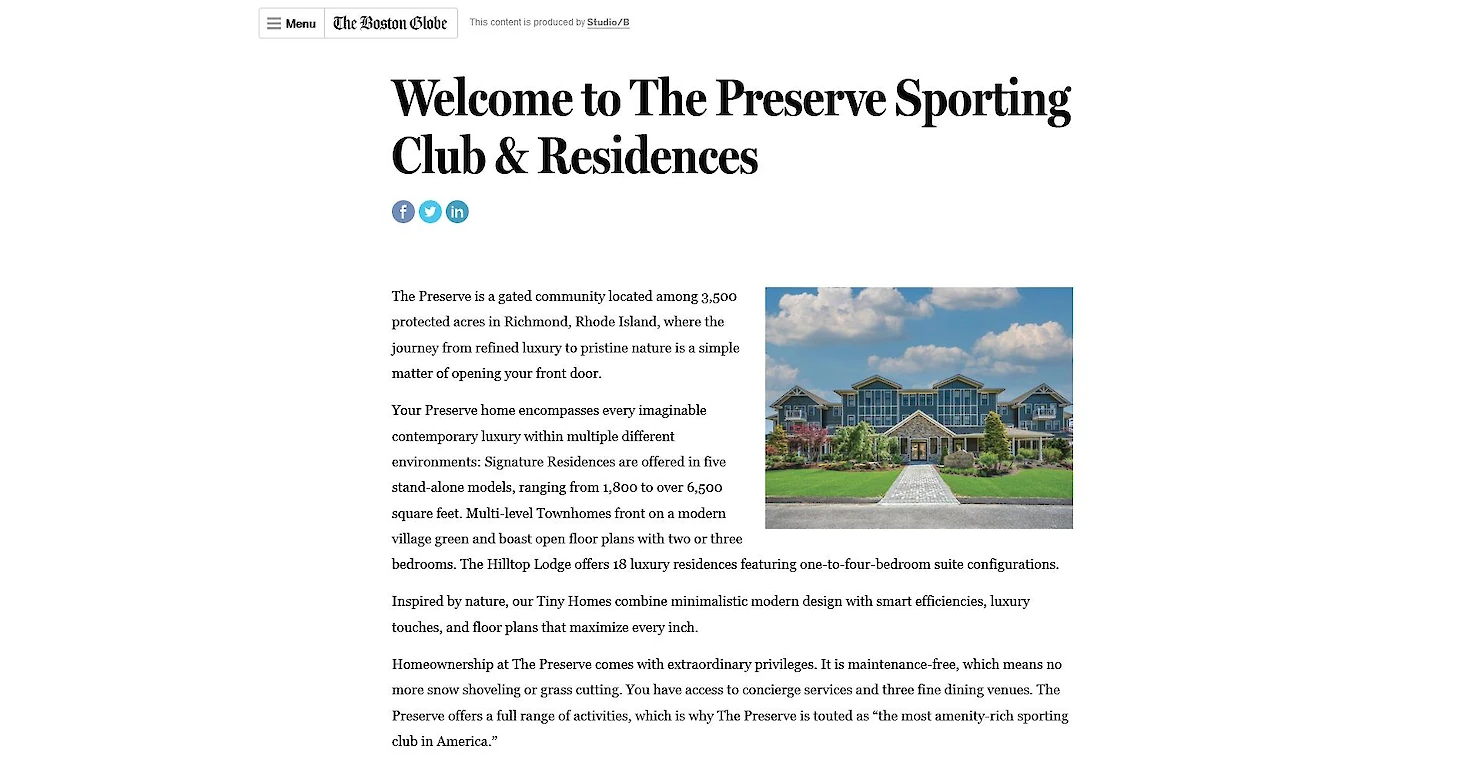 Screenshot of the Boston Globe article about The Preserve Sporting Club & Residences