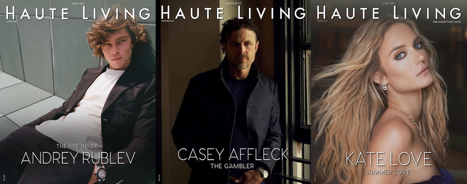 Haute Living magazine cover featuring Andrey Rublev, Casey Affleck, and Kate Love.