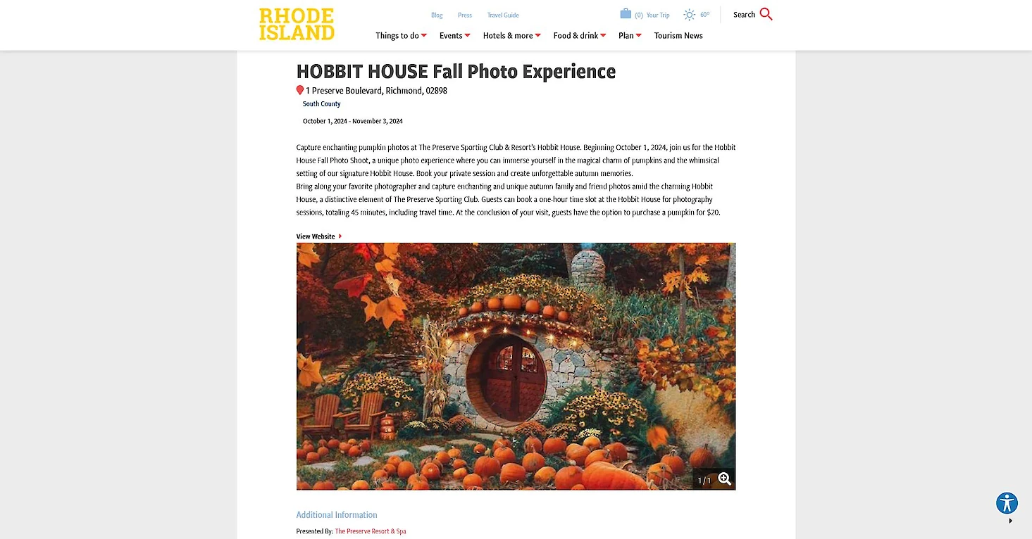 Screenshot of Rhode Island Travel’s feature on The Preserve’s Hobbit House fall photo experience