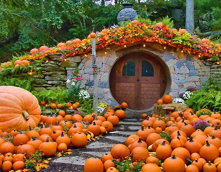 Enchanting pumpkins surround The Hobbit House at The Preserve for fall.